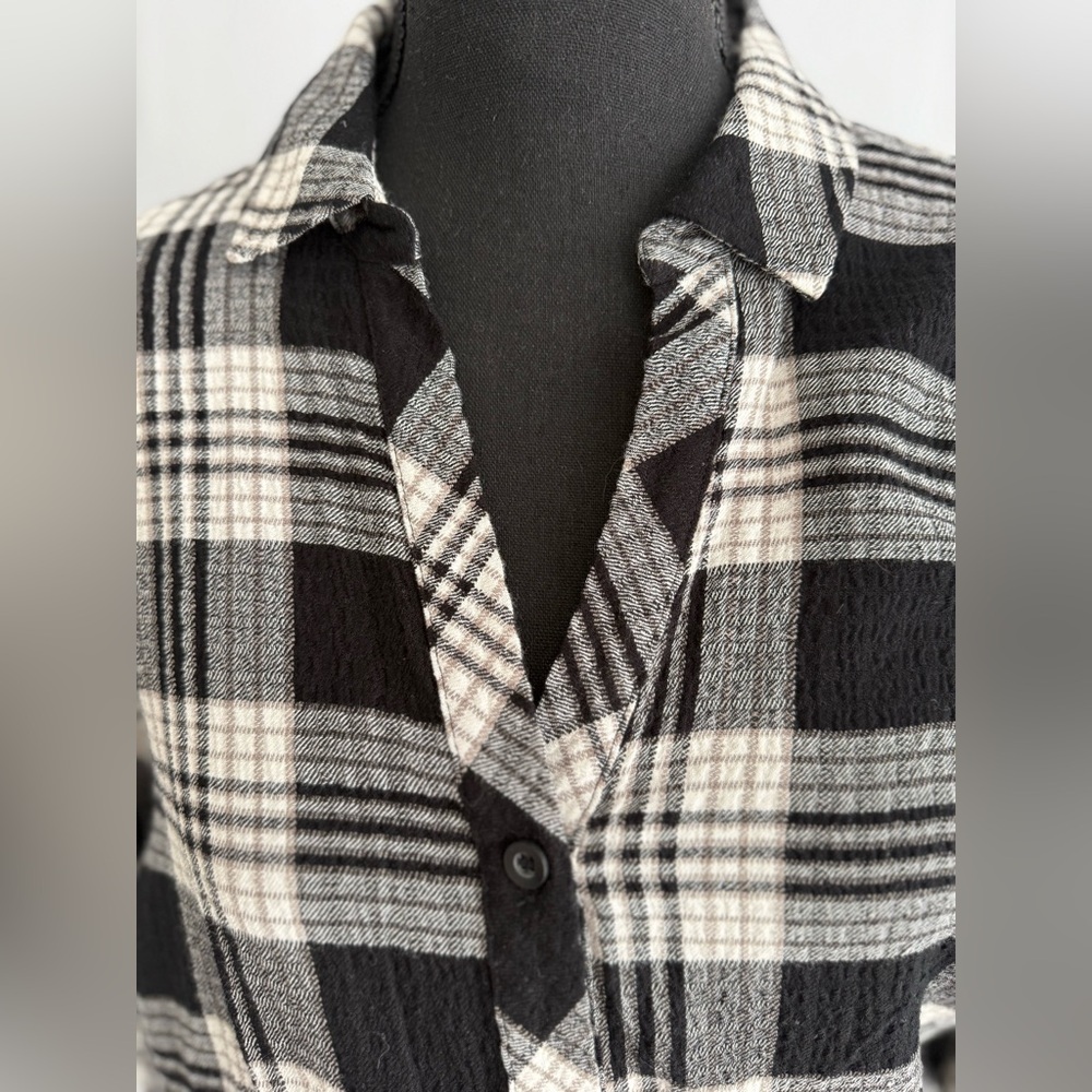 1. State Black & lvory Plaid Smocked Waist Blouse Cropped Button Front - Picture 6 of 14